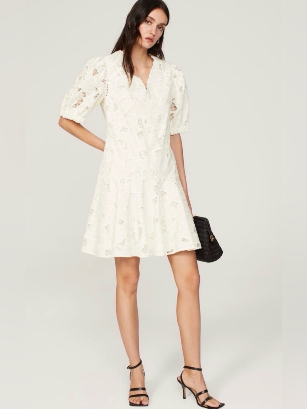 Boss Dennice Lace Embroidered White Eyelet Short Puff Sleeve Mini Dress N12